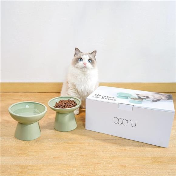 2 Extra Wide Elevated Cat Food Bowl, Ceramic Cat Bowls for Food and Water, Wide - Picture 2 of 6